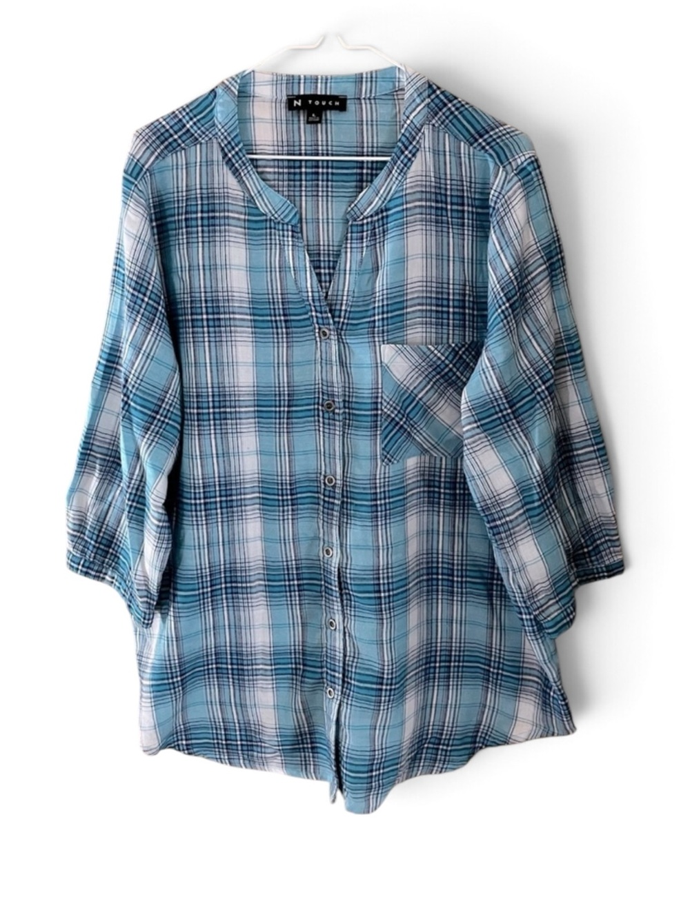 Plaid Turquoise/Navy/White Button Down Shirt Lightweight Casual Blouse